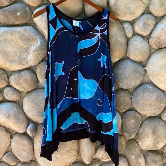 Mexicali Tops - Mexicali Blues Bohemian Blues and Black Tank Top w/ Long Sides
